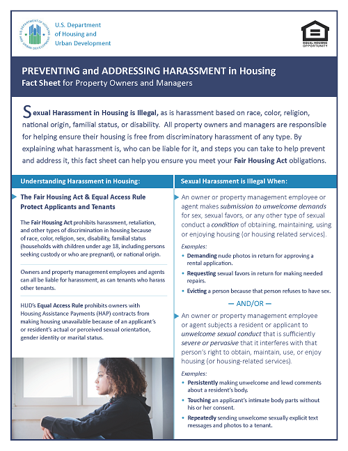 Preventing and addressing harassment hud flyer, all information as listed below.