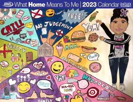 The 2023 What Home Means to Me Calendar Cover. The drawing shows a girl pointing to the many things that mean home to her.