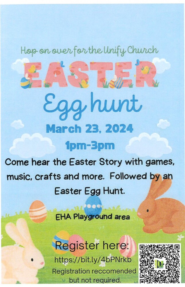 Easter egg hunt flyer. The information on this flyer is in the text above. 