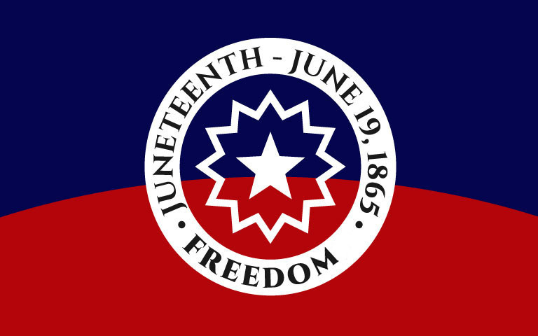 Juneteenth flag with the text Juneteenth - June 19, 1865 - Freedom.